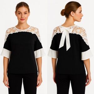 Top Pullover Crochet Trim Black Back Bow Size M NWT